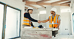 Architect, men and meeting with handshake on construction for building agreement or partnership. Male people, contractor or civil engineer shaking hands with smile for architecture project or deal