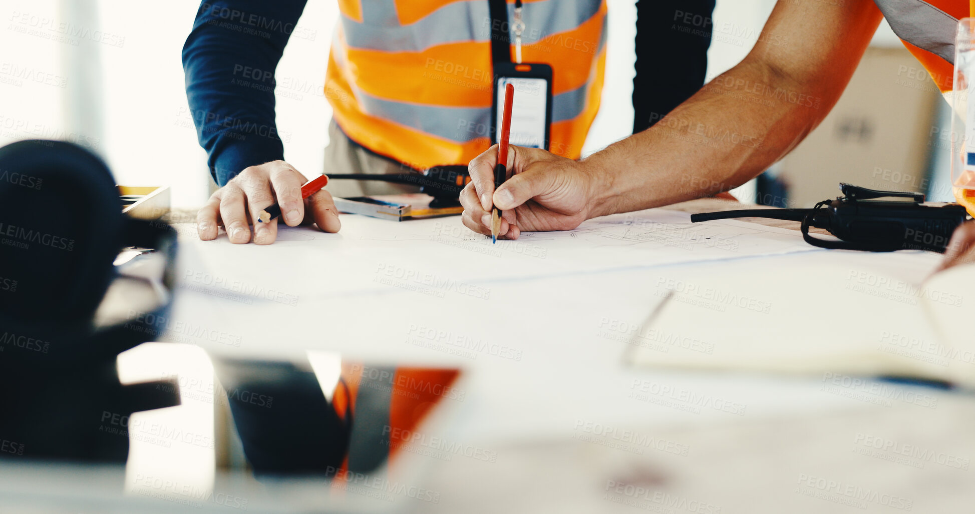 Buy stock photo Architect, hands or planning with blueprint on construction site for strategy or building design. People, civil engineer or contractor with documents for architecture project or development together