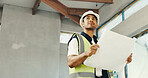 Thinking, man and blueprint on construction site for inspection, safety regulations or building. Low angle, architect and person with document for infrastructure, renovation project and space