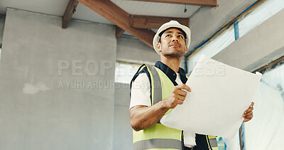Buy stock photo Thinking, man and blueprint on construction site for inspection, safety regulations or building. Low angle, architect and person with document for infrastructure, renovation project and space