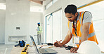 Man, architect or thinking with documents on construction site for building design or planning. Male person, contractor or civil engineer contemplating with blueprint for architecture project or idea