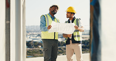 Buy stock photo Construction, talking and men with blueprint for planning, floor plan and evaluation for property. Architecture, contractor and team with illustration for remodeling, development or renovation design