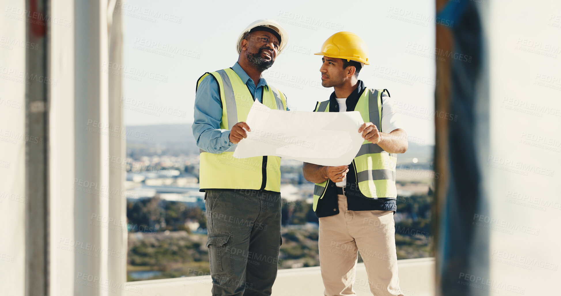 Buy stock photo Construction, talking and men with blueprint for planning, floor plan and evaluation for property. Architecture, contractor and team with illustration for remodeling, development or renovation design