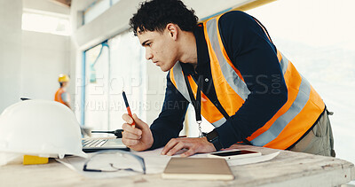 Buy stock photo Civil engineering, sketch and man with laptop on construction site, online and property development. Engineer, research and person with blueprint, architecture and planning for renovation with tech