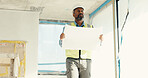 Construction, walking and man with blueprint for building, floor plan and evaluation for property. Architecture, contractor and person with paperwork for remodeling, development or renovation design