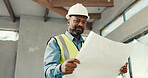 Engineer, black man and confused with blueprint on construction site for building inspection. Mature person, architect and low angle with document for infrastructure, renovation and compliance issue