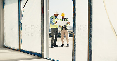 Buy stock photo Construction, blueprint and men in building for planning, discussion and evaluation for property. Architecture, contractor and person with paperwork for remodeling, inspection and renovation design