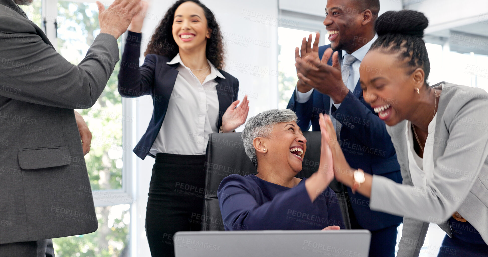 Buy stock photo Manager, team and high five in office with laptop, applause and success for court case settlement. Lawyer, people and clap in business with computer, celebration or achievement for dispute resolution
