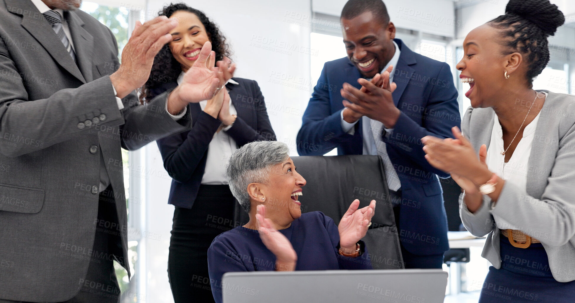 Buy stock photo Excited, applause and business people with laptop in office, team or happy for court judgment on web. Clapping, legal attorney and laughing with tech in law firm, success and celebration with group