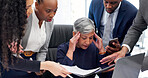 Team, stress and manager in office for multitasking, workload and pressure for audit deadline. Corporate, business and people with burnout, chaos and frustrated for mistake, crisis and overwhelmed