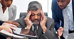 Team, stress and man in office for multitasking, workload or pressure for audit deadline. Corporate, business and finance manager with burnout, chaos and frustrated for mistake, crisis or overwhelmed