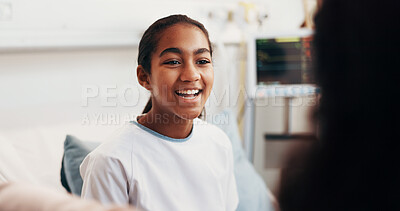 Buy stock photo Girl, smile and consultation in hospital bed for health, wellness and medical advice with discussion. Child, pediatrician and happy with checkup for recovery, results and healthcare assessment