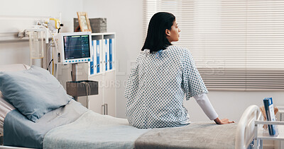 Buy stock photo Hospital bed, thinking and back of woman waiting for surgery results, medical diagnosis or medicare. Healthcare, reflection and patient ready for operation, recovery and healing for rehabilitation