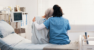 Buy stock photo Healthcare, hug and nurse with old woman on hospital bed for bonding, rehabilitation or support. Back, love and medical professional embracing senior patient in clinic for recovery or wellness