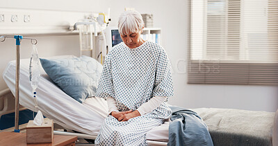 Buy stock photo Healthcare, thinking and elderly woman on hospital bed for waiting, discharge delay and lonely. Sad, slow recovery and senior person with depression for chronic condition, reflection or mental health