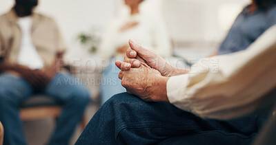 Buy stock photo Hands, support group and person with anxiety in therapy, ptsd or trauma counseling in office. Nervous, psychology or woman with depression, mental health challenge or stress in meeting with community