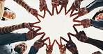 Below, hands and business people in office with peace sign, solidarity and collaboration for project. Company, group and v shape with connection for teamwork, cooperation and synergy in workplace.