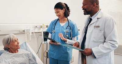 Buy stock photo Hospital bed, medical team and senior woman with healthcare consultation, recovery folder or tablet. Tech, doctor or nurse with happy elderly patient in ward for checkup, discussion or health report