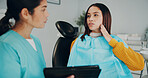 Women, dentist and tablet with patient for discussion, oral care treatment options in clinic. Hygiene, conversation and people with dentistry consultation for root canal, dental surgery or xray