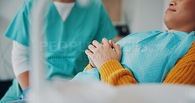 Buy stock photo Consulting, hands and dentist with woman in clinic for appointment, teeth cleaning and oral care. Healthcare, orthodontist and patient in chair listening for dental hygiene, gum wellness and advice