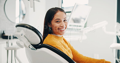 Buy stock photo Happy, portrait and woman in dentist chair for appointment, teeth cleaning and oral care success. Healthcare, orthodontist and patient with smile for dental hygiene, gum wellness and medical service