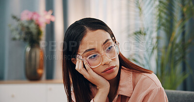 Buy stock photo Home, thinking and woman with depression on sofa for frustration, mistake or regret at decision. Glasses, reflection and upset with unhappy person in living room of apartment for negative perspective