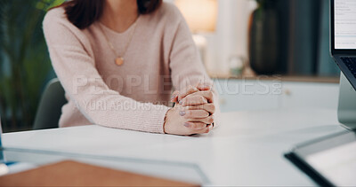 Buy stock photo Woman, hands and anxiety in doctor office with consultation, medical help and concern for diagnosis. Patient, person and nervous in clinic with appointment, worry or test results for health condition