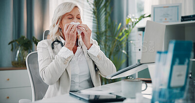 Buy stock photo Doctor, woman or blowing nose with tissue in office for virus, influenza or viral infection. Mature, sick or female person with sneeze or toilet paper for medical symptoms, sinus or allergy in clinic