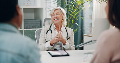 Buy stock photo Friends, doctor and consultation for healthcare in office, cancer remission or patient feedback. Happy, women and talking with mature medical professional, diagnosis results or healing news in clinic