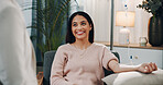 Conversation, healthcare and smile of woman in drip lounge for minerals, vitamins or wellness. Consulting, fluid and medical with happy patient speaking to doctor in IV bar for infusion benefits 