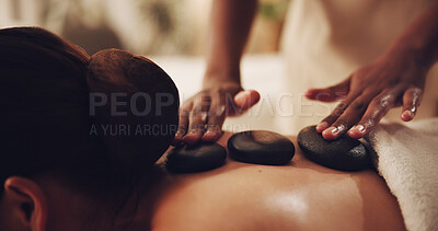 Buy stock photo Spa, hot stones and woman with back massage, deep tissue treatment and healing for stress relief. Hospitality, resort and person with therapeutic skincare for pamper, self care and relax on vacation