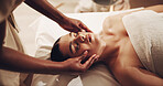 Face, hands and massage with people in wellness spa for break, getaway or stress relief from above. Peace, relax or therapy with masseuse and woman in beauty clinic for luxury facial or vacation