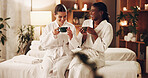 Spa, friends and women with tea at resort for bonding, laugh and happy with drink for detox. Salon, vacation and people with beverage for wellness, relax and excited for pamper, massage and treatment