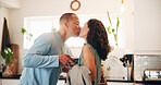 Couple, kiss and goodbye in morning with lunchbox, food and wife ready to leave apartment for work. Mature, married people and greeting in home with affection, meal and preparation for day at job.