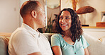 Home, couple and smile on sofa for love, connection and bonding together in living room. Mature people, happy man and woman with support for commitment, trust and care in relationship in house