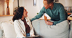 Smile, couple and discussion with tablet at house for opinion, social media or research. Mature people, passport and tickets with internet for ecommerce, website booking or travel notification