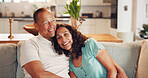 Home, couple and hug in living room for love, connection and bonding together with affection. Mature people, man and woman with embrace for commitment, trust and care in relationship in house