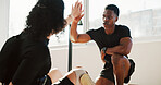 Fitness, personal trainer and woman in gym, high five and exercise routine for wellness and success. Health club, physical activity and person with disability, celebration or training with instructor