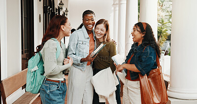 Buy stock photo College, friends and excited outdoor with hug, exam pass or support for funding approval. Books, happy people or embrace on university campus for entrance test success, scholarship grant or good news
