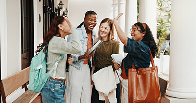 Buy stock photo College, friends or laugh outdoor with high five, exam results or academic goals in study group. Pride, girls or celebration on university campus for test pass, semester success or collective effort 