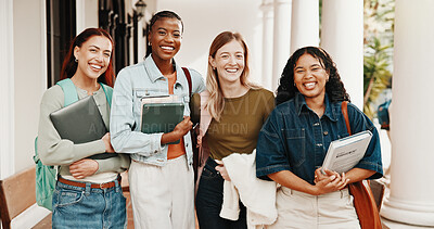 Buy stock photo Portrait, friends and students at campus with smile, study group and scholarship for education. Happy, people and classmate outdoor with textbook, recess period and knowledge for learning at college