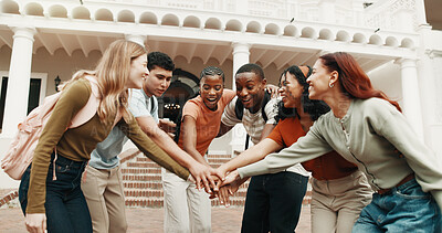 Buy stock photo University, friends or excited with hand stack for exam results, academic goals or support outdoor. College, happy people or huddle on campus for test celebration, semester pride or collective effort