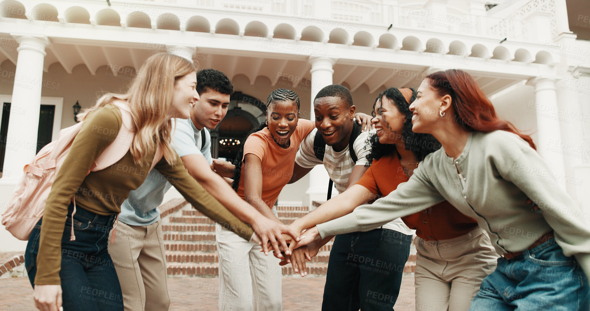 Buy stock photo University, friends or excited with hand stack for exam results, academic goals or support outdoor. College, happy people or huddle on campus for test celebration, semester pride or collective effort