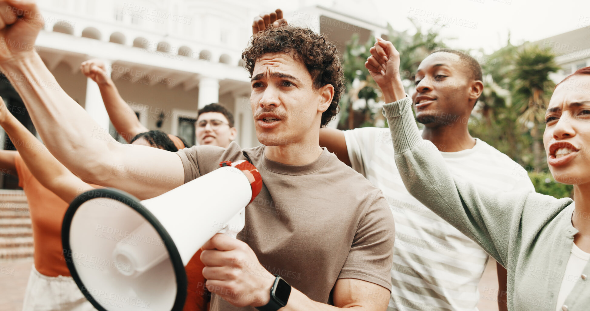 Buy stock photo Man, students and megaphone for protest, rally or gender based violence movement outdoor. Justice, equality and people on campus for GBV crisis, attention and human rights with bullhorn for voice