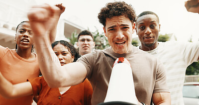 Buy stock photo Portrait, students and megaphone for protest, rally or gender based violence movement outdoor. Justice, equality and people on campus for GBV crisis, anger and human rights with bullhorn for voice