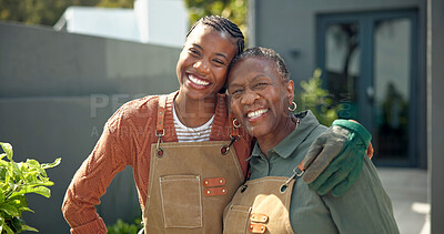 Buy stock photo Gardening, portrait and woman with senior mom for hobby, help and maintenance in backyard together. Happy, family and African mother with daughter hug for bonding, relationship and connection outdoor