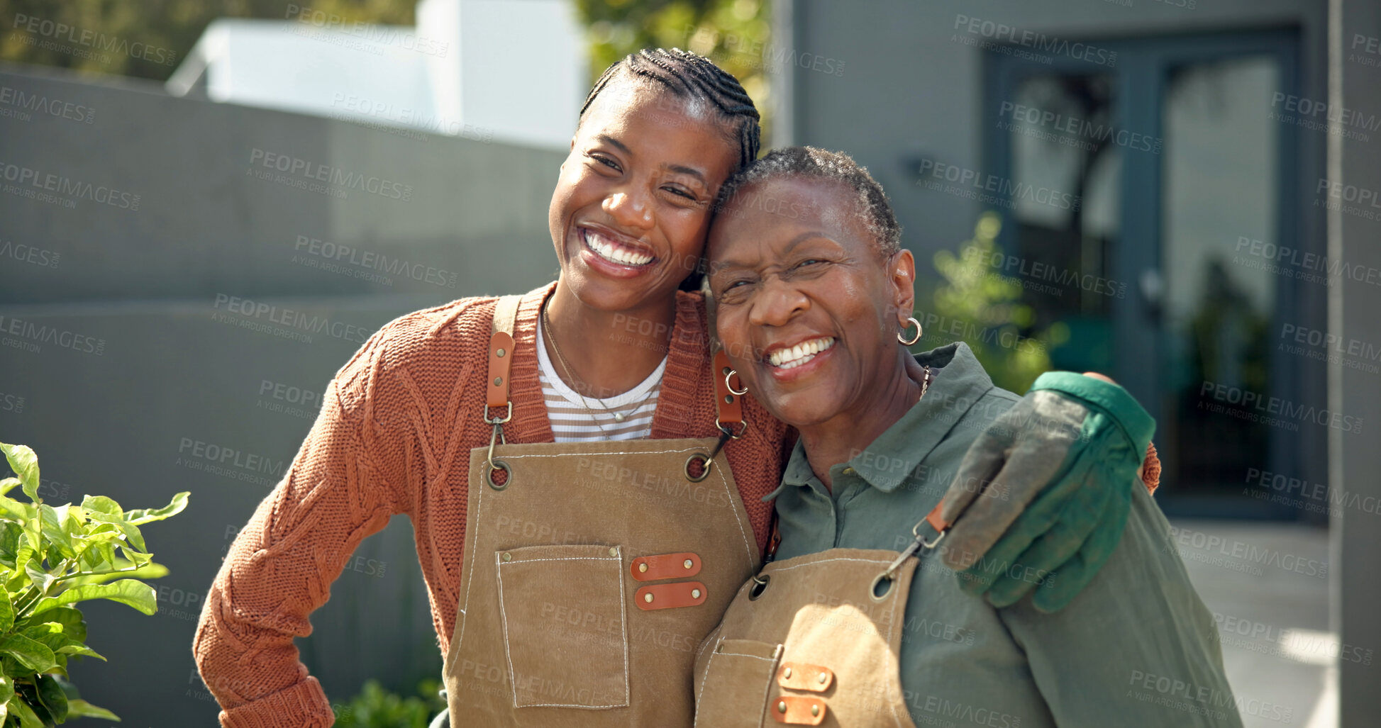 Buy stock photo Gardening, portrait and woman with senior mom for hobby, help and maintenance in backyard together. Happy, family and African mother with daughter hug for bonding, relationship and connection outdoor