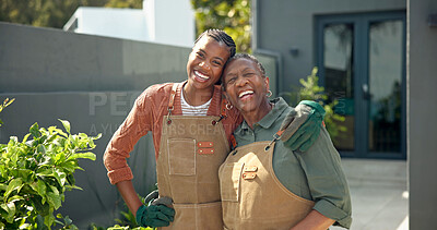 Buy stock photo Senior, mother and happy woman in backyard for gardening, eco friendly hobby and bonding at home. Black family, pensioner and adult daughter with hug, plant care and garden maintenance with portrait