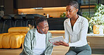 Old woman, talking and physio at house with tablet, research and health survey for rehabilitation. Senior person, physiotherapist and consulting in lounge with tech, evaluation and treatment progress