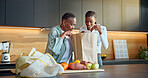 Family, unpacking and women with grocery in kitchen, together or bonding with senior mother in home. Black people, happiness and elderly parent with shopping bag, fruit and healthy food in house